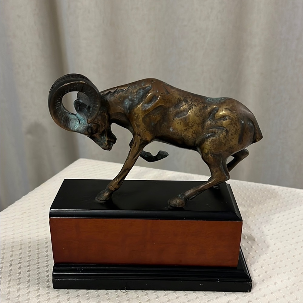 Vintage Bronze Ram Sculpture on Wooden Base